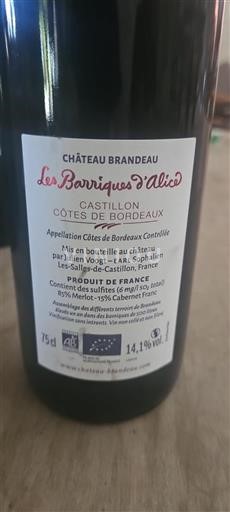 Bordeaux Castillon Côtes de Bordeaux Château Brandeau Les Barriques d'Alice 2019