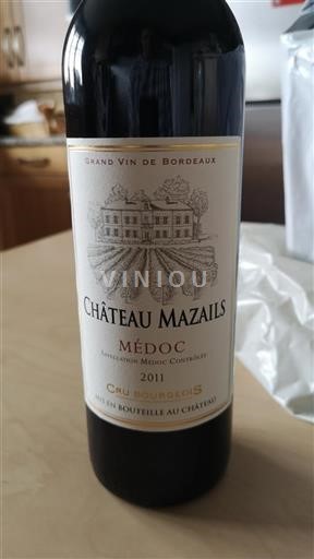 Vin Rouge sec Château Mazails 2011 France Bordeaux Médoc AOC Cru Bourgeois
