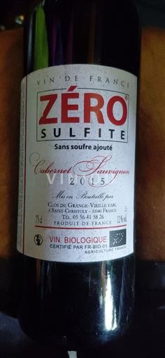 Bordeaux Ni doloceno Clos de Grange-Vieille Zéro Sulfite 2015