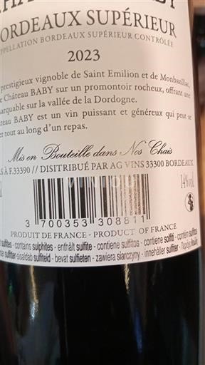 Vin Rouge sec Château Baby 2023 France Bordeaux Bordeaux supérieur AOC