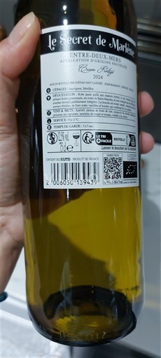 Vin Blanc sec Le Secret de Marlène 2024 France Bordeaux Entre-deux-mers AOC bio