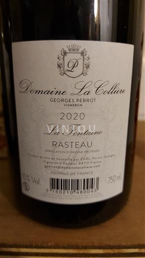Vin Rouge sec La Fontaine Domaine La Collière 2020 France Vallée du Rhône Rasteau AOC