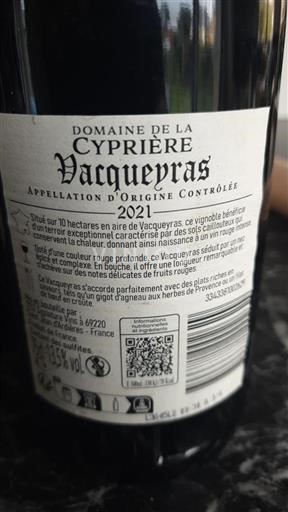 Thung lũng Rhône Vacqueyras Domaine La Cyprière 2021