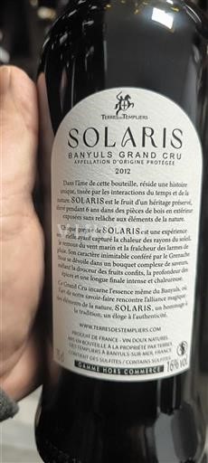 Rosellón Banyuls Grand Cru Terres des Templiers Solaris 2012