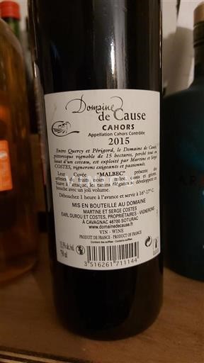 Vin Rouge sec Malbec Domaine Cause 2015 France Sud-Ouest Cahors AOC