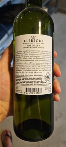 Vin Blanc sec J. Lebègue 2022 France Bordeaux AOC hve