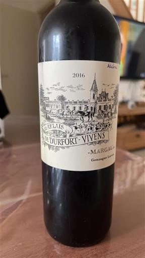 Vin Rouge sec Le Relais de Durfort-Vivens Château Durfort-Vivens 2016 France Bordeaux Margaux AOC