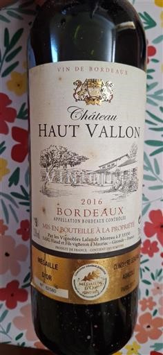 Vin Rouge sec Château Haut Vallon 2016 France Bordeaux AOC
