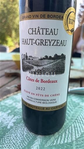 Vin Rouge sec Château Haut-Greyzeau 2022 France Bordeaux Côtes-de-Bordeaux AOC bio