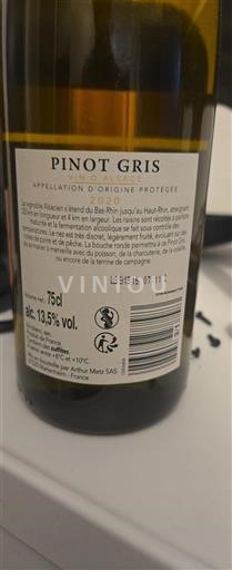 Vin Blanc sec Pinot Gris Arthur Metz 2020 France Alsace Vin de France