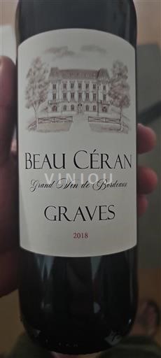 Vin Rouge sec Beau Ceran 2018 France Bordeaux Graves AOC