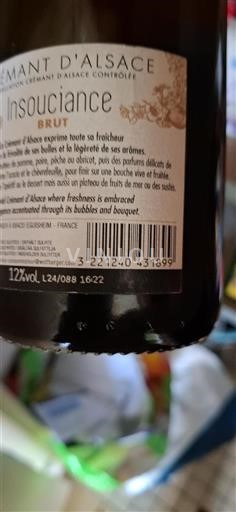 Vin Effervescent Blanc brut Insouciance Non millésimé France Alsace Crémant-d'alsace AOC