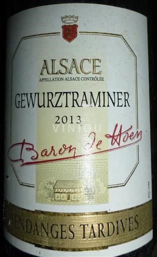 Alsace Gewurztraminer Baron de Hoen Vendanges Tardives Vendanges Tardives 2013