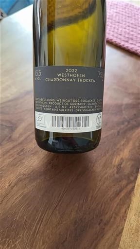 Renania. No especificado Weingut Dreissigacker Westhofen Chardonnay Trocken 2022