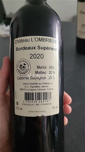 Bordeaux Bordeaux Supérieur Château L'OMBRIERE 2020