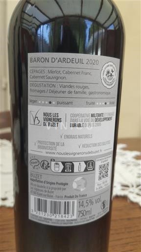 Vin Rouge sec Baron d'Ardeuil Les Vignerons de Buzet 2020 France Sud-Ouest Buzet AOC hve