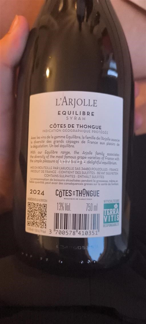 Languedoc ja Roussillon Côtes de Thongue L'Arjolle Équilibre Syrah 2024