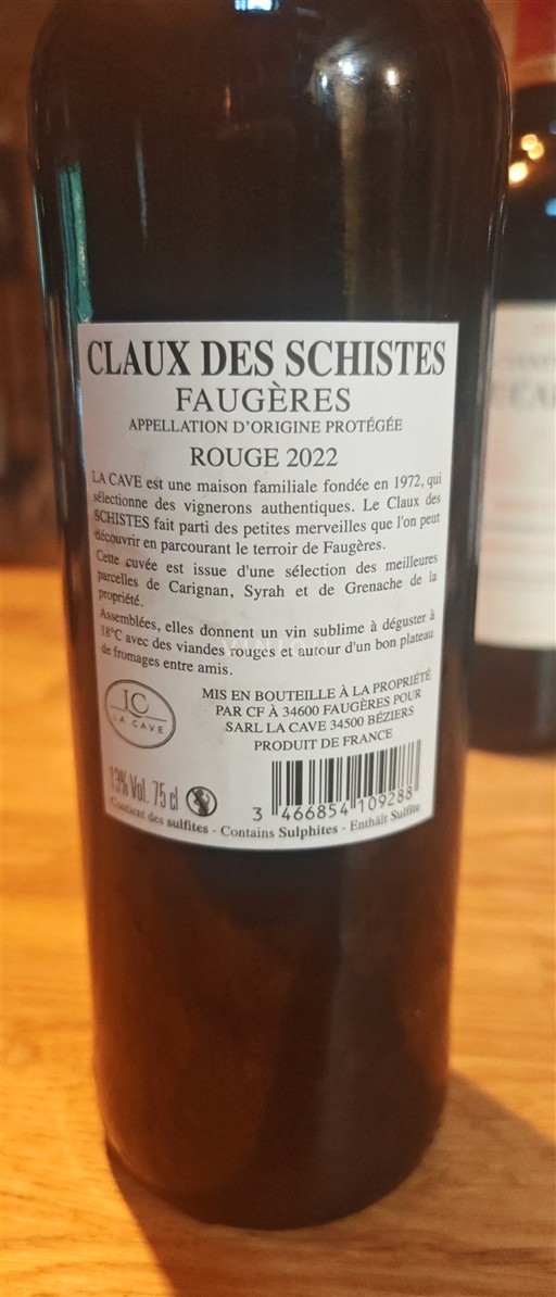 Vin Rouge sec Claux des Schistes 2022 France Languedoc Faugères AOC