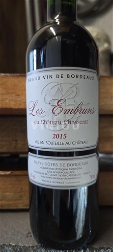 Bordéus Blaye-Côtes-de-Bordéus Château Chasserat Les Embruns 2015