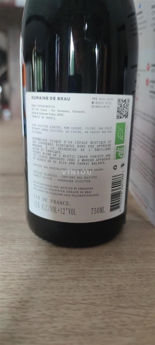 Vin Rouge sec Brau Experimental Domaine Brau 2022 France Languedoc AOC bio