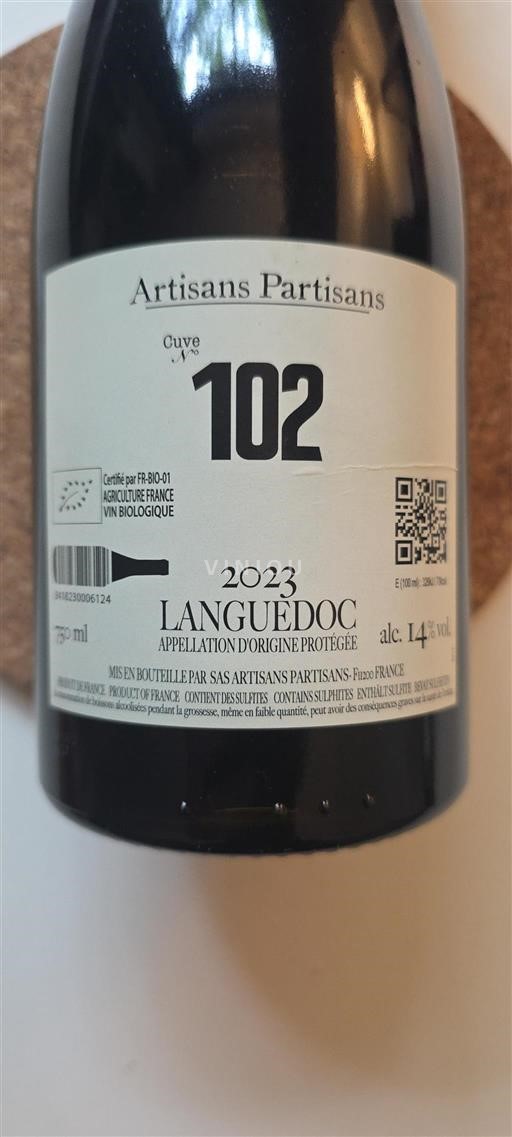 Vin Rouge sec 102 Artisans Partisans 2023 France Languedoc AOC bio