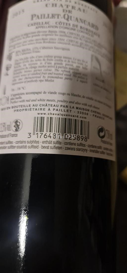 Vin Rouge sec Château Paillet-Quancard 2015 France Bordeaux Cadillac-côtes-de-bordeaux AOC