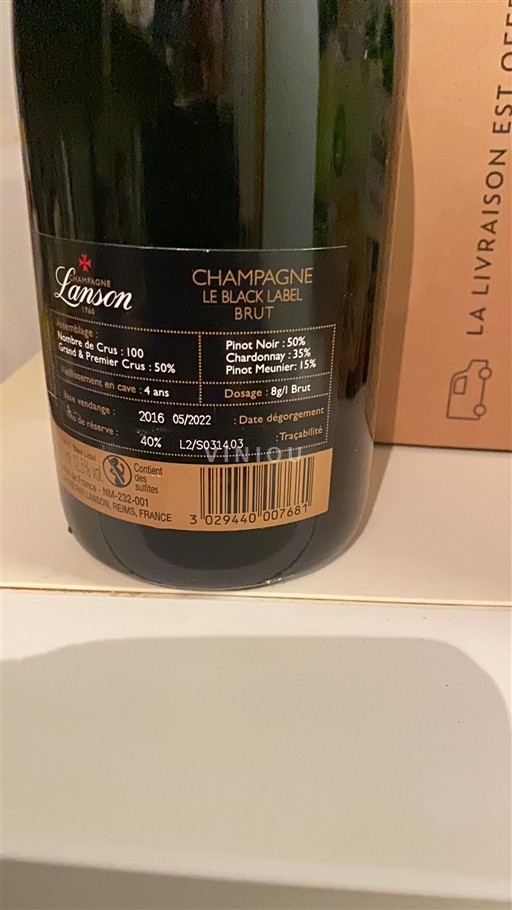 Vin Effervescent Blanc brut Le Black Label Lanson 2016 France Champagne AOC methode_traditionnelle
