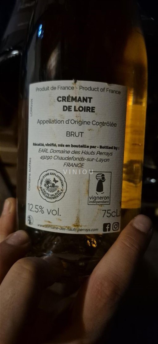 Vin Effervescent Blanc brut Domaine Des Hauts Perrays Non millésimé France Vallée de la Loire Crémant-de-loire AOC