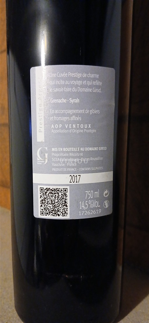 Valle del Rodano Ventoux Domaine Girod Prestige Argent 2017