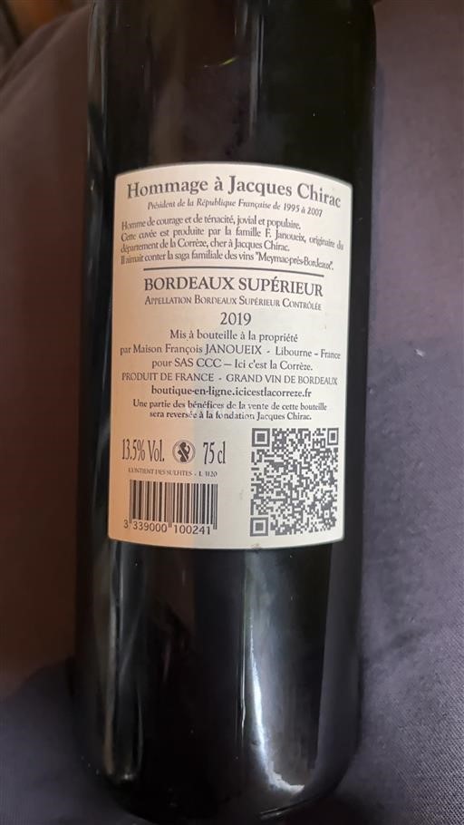 Bordeaux Bordeaux supérieur Maison François JANOUX Hommage à Jacques Chirac 2019