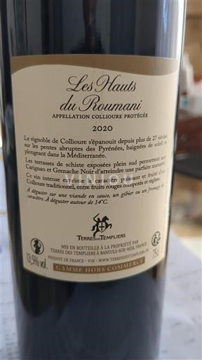 Roussillon Collioure Terres des Templiers Les Hauts du Roumani 2020