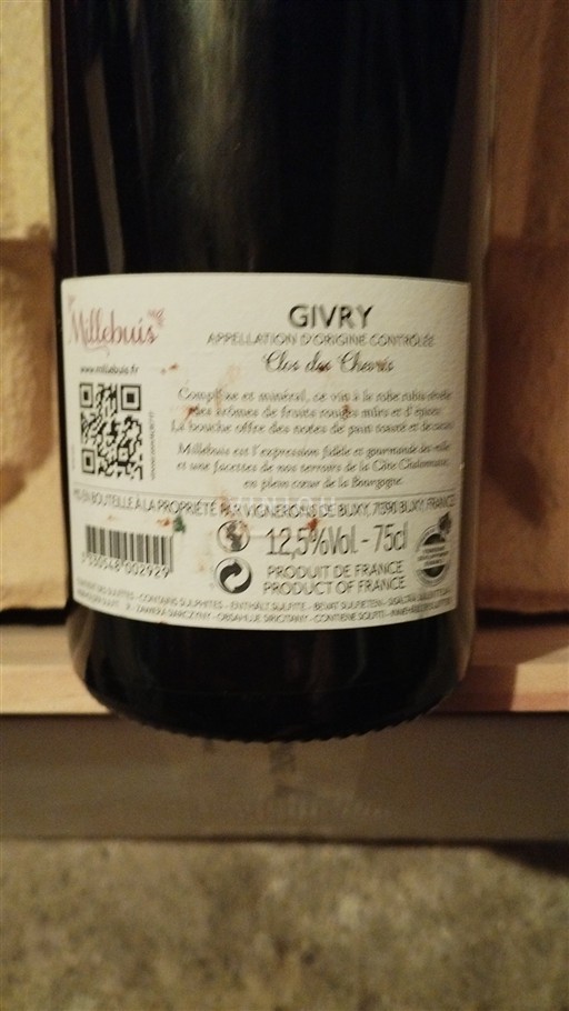 Vin Rouge sec Clos des Chêries Millebuis 2016 France Bourgogne Givry AOC