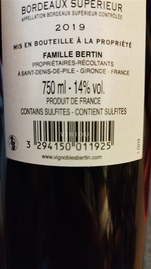 Bordeaux Bordeaux supérieur Famille Bertin 2019