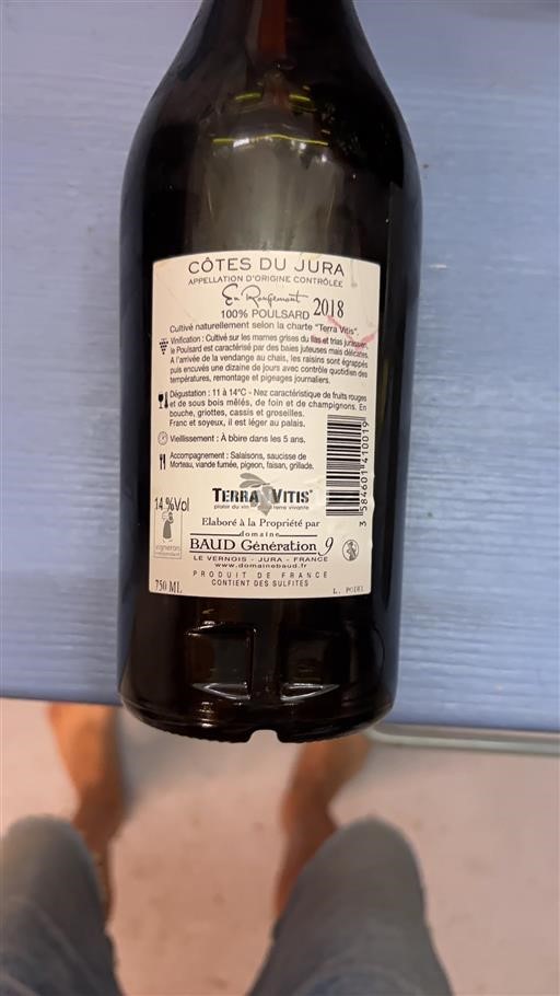 Vin Rouge sec 100% Poulsard Domaine Baud Génération 9 2018 France Jura Côtes-du-jura AOC terravitis