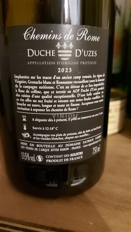 Vin Blanc sec Chemins de Rome Les Vignes de l'Arque 2023 France Vallée du Rhône Duché d'Uzès AOC