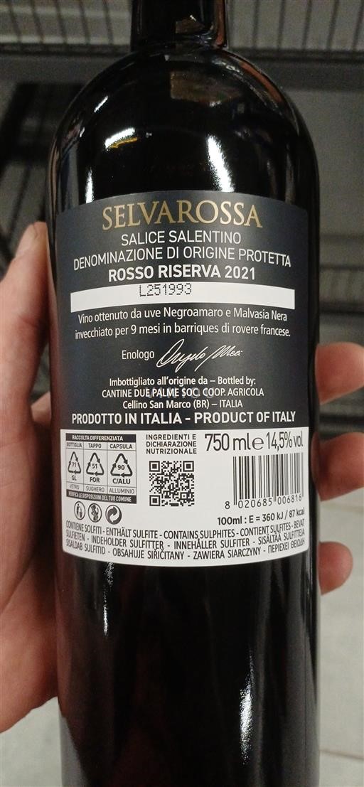 Apulia Salice Salentino Cantine Due Palme Selvarossa 2021