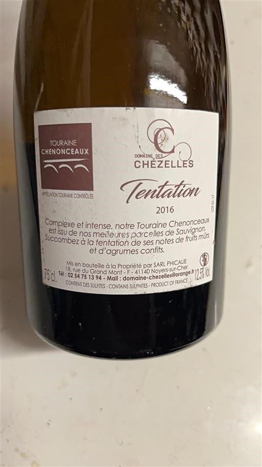 Vin Blanc sec Tentation Domaine Des Chézelles 2016 France Vallée de la Loire Touraine-chenonceaux AOC