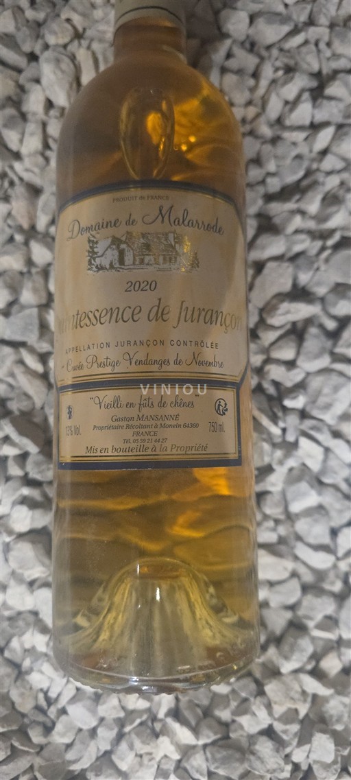 Vin Blanc moelleux Quintessence de Jurançon Domaine Malarrode 2020 France Sud-Ouest Jurançon AOC