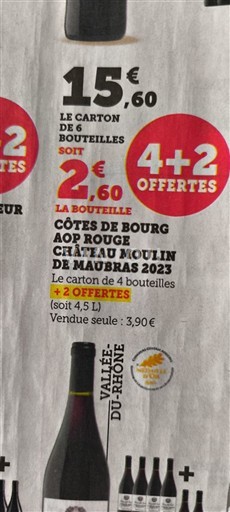 Vin Rouge sec Château Moulin de Maubras 2023 France Bordeaux Côtes-de-bourg AOC