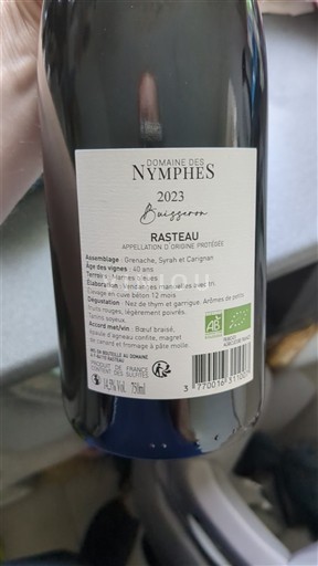 Vin Rouge sec Buisson Domaine Des Nymphes 2023 France Vallée du Rhône Rasteau AOC bio