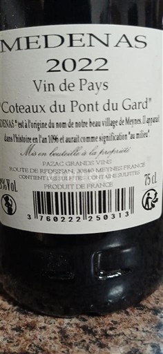 Vin Rouge sec Pazac 2022 France Languedoc et Roussillon Coteaux du Pont du Gard IGP