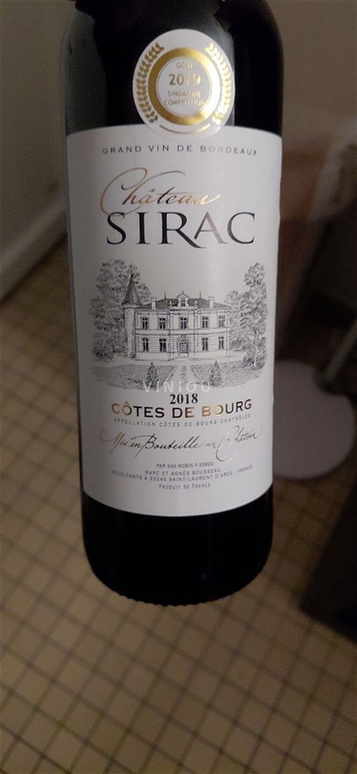 Vin Rouge sec Château Sirac 2018 France Bordeaux Côtes-de-bourg AOC