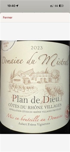 Thung lũng Rhône Côtes-du-rhône-villages Domaine Mistral Plan de Dieu 2023