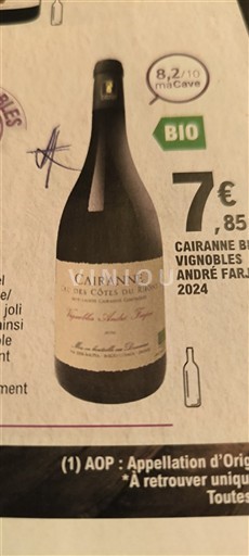 Vin Rouge sec Vignobles André Farjon 2024 France Vallée du Rhône Cairanne AOC bio