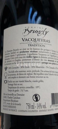 Thung lũng Rhône Vacqueyras Domaine Brunely Tradition 2022