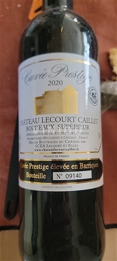 Bordéus Bordeaux Superior Château Lecourt Caillet Prestige élevée en Barriques 2020