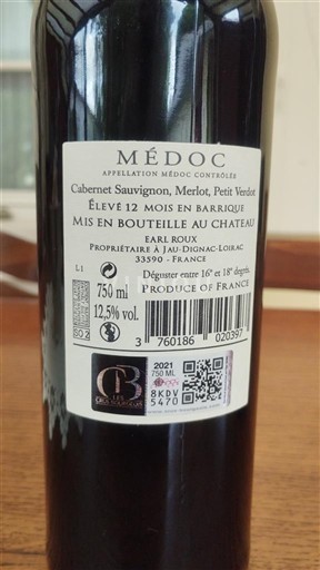 Vin Rouge sec EARL Roux 2021 France Bordeaux Médoc AOC