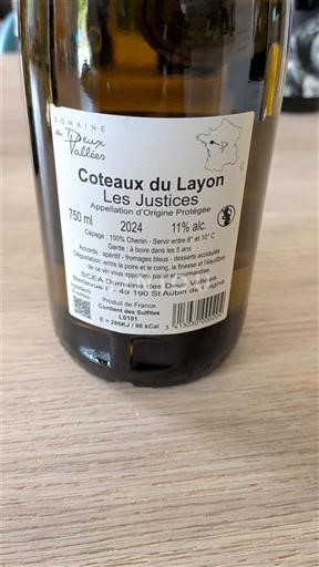 Thung lũng sông Loire Coteaux-du-layon Domaine Des Deux Vallées Les Justices 2024