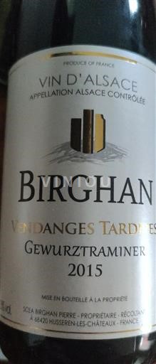 Alsace Vendanges Tardives Birghan Vendanges Tardives Gewurztraminer 2015