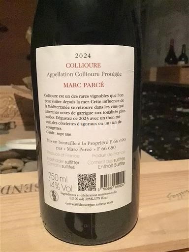 Vin Rouge sec Marc Parcé 2024 France Roussillon Collioure AOC